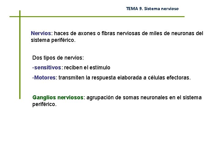 TEMA 9. Sistema nervioso Nervios: haces de axones o fibras nerviosas de miles de