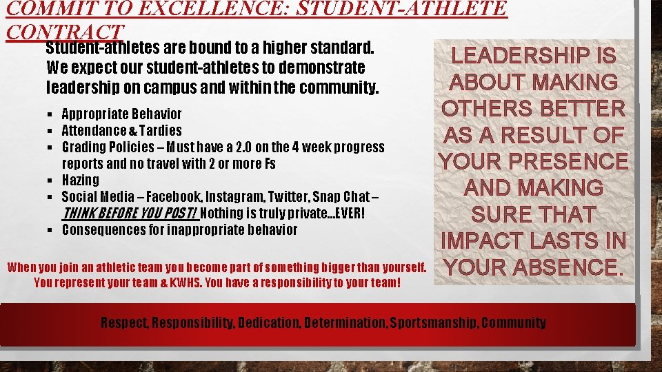 COMMIT TO EXCELLENCE: STUDENT-ATHLETE CONTRACT Student-athletes are bound to a higher standard. LEADERSHIP IS