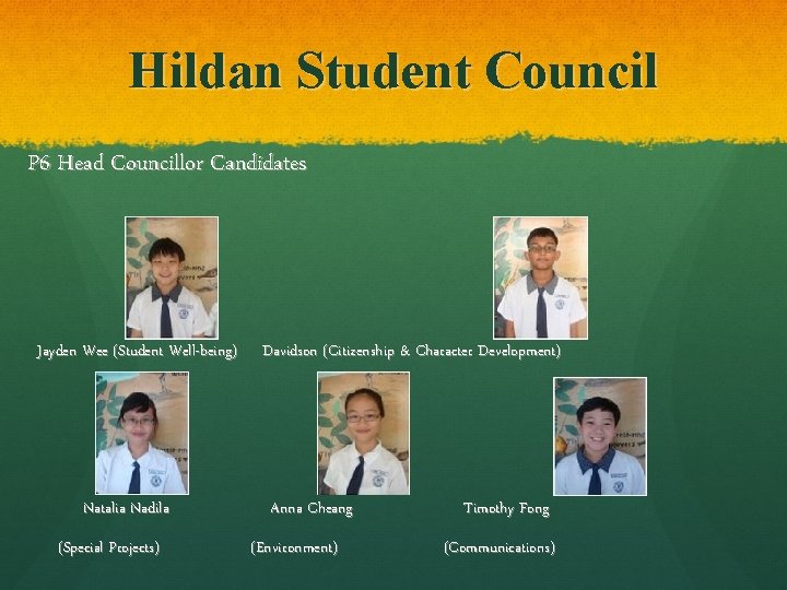 Hildan Student Council P 6 Head Councillor Candidates Jayden Wee (Student Well-being) Natalia Nadila