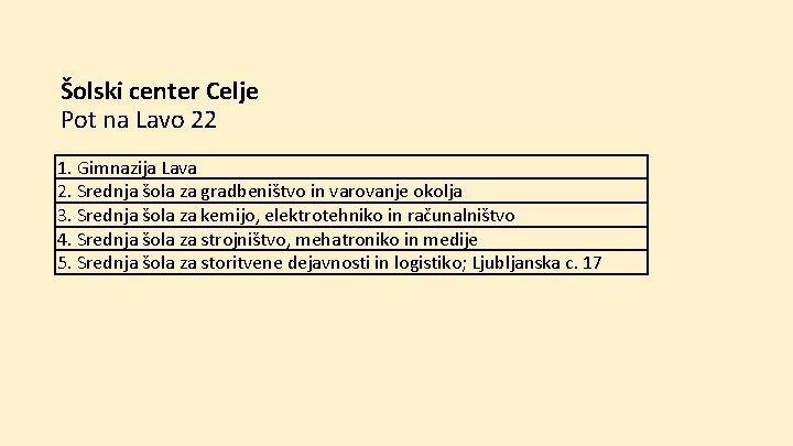 Šolski center Celje Pot na Lavo 22 1. Gimnazija Lava 2. Srednja šola za