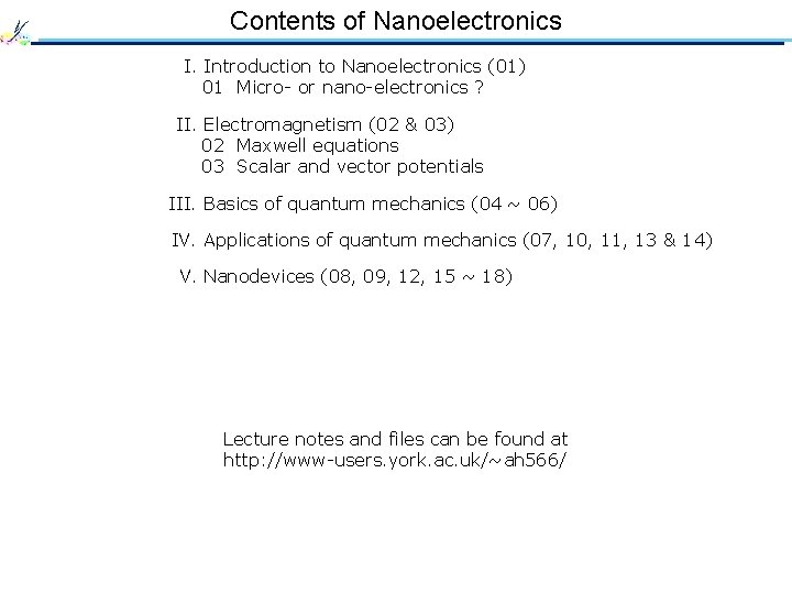 Contents of Nanoelectronics I. Introduction to Nanoelectronics (01) 01 Micro- or nano-electronics ? II.