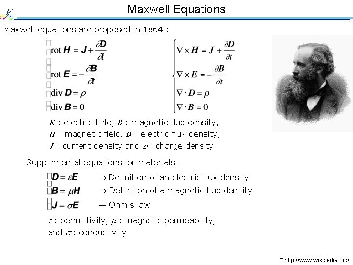 Maxwell Equations Maxwell equations are proposed in 1864 : E : electric field, B