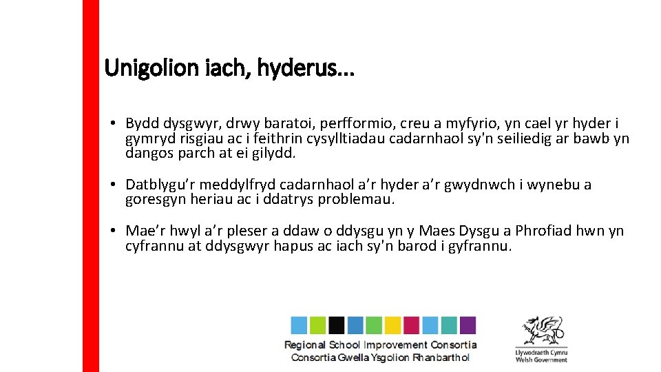 Unigolion iach, hyderus. . . • Bydd dysgwyr, drwy baratoi, perfformio, creu a myfyrio,