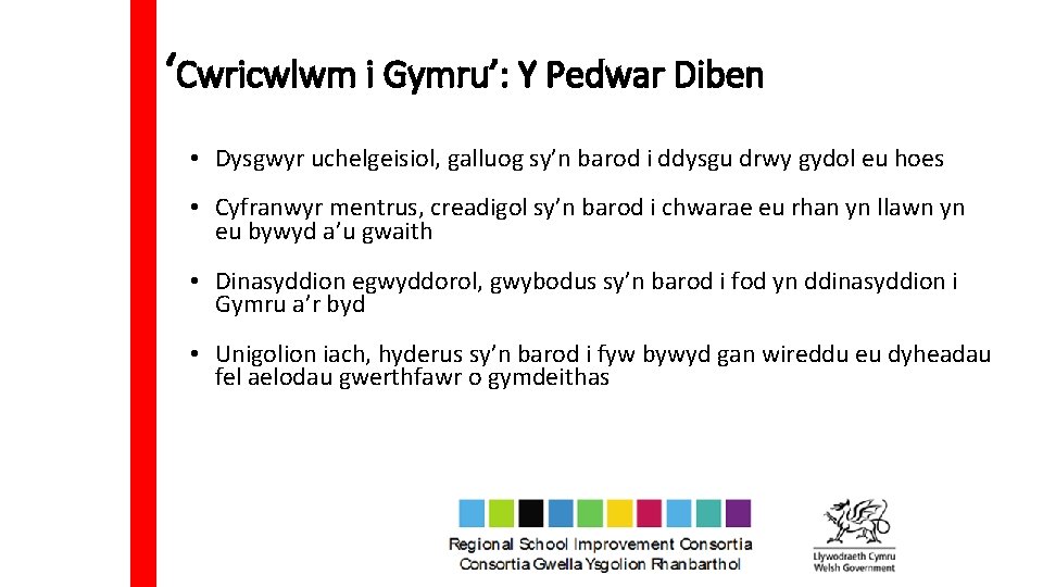 ‘Cwricwlwm i Gymru’: Y Pedwar Diben • Dysgwyr uchelgeisiol, galluog sy’n barod i ddysgu