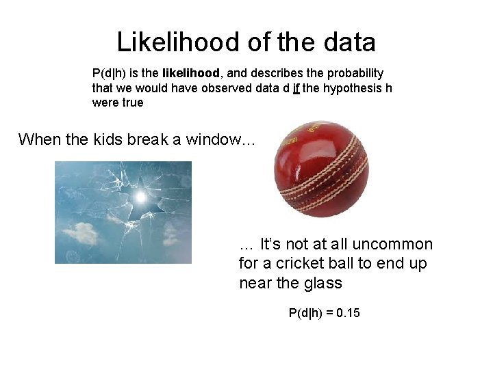Likelihood of the data P(d|h) is the likelihood, and describes the probability that we