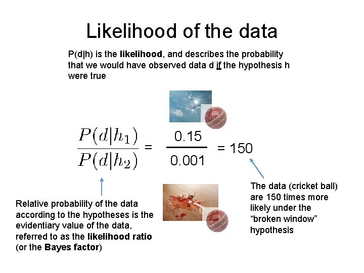 Likelihood of the data P(d|h) is the likelihood, and describes the probability that we