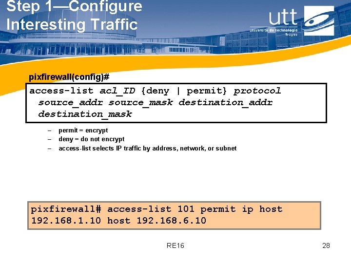 Step 1—Configure Interesting Traffic pixfirewall(config)# access-list acl_ID {deny | permit} protocol source_addr source_mask destination_addr