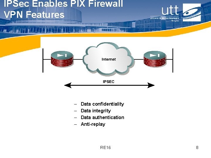 IPSec Enables PIX Firewall VPN Features – – Data confidentiality Data integrity Data authentication