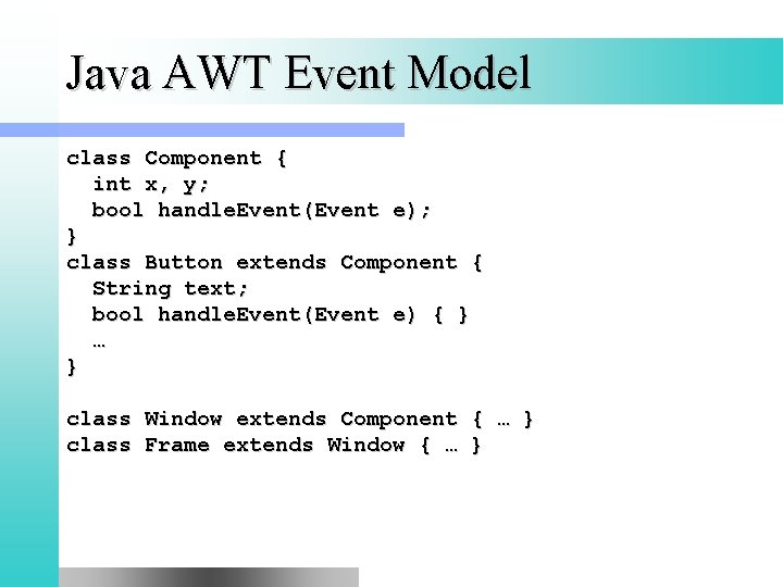 Java AWT Event Model class Component { int x, y; bool handle. Event(Event e);