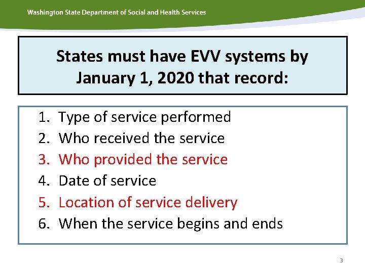 States must have EVV systems by January 1, 2020 that record: 1. 2. 3.