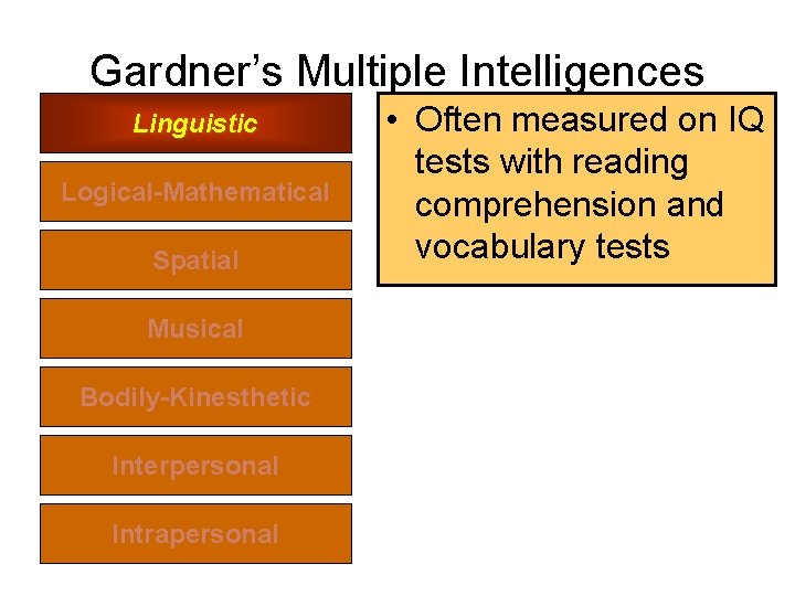 Gardner’s Multiple Intelligences Linguistic Logical-Mathematical Spatial Musical Bodily-Kinesthetic Interpersonal Intrapersonal • Often measured on