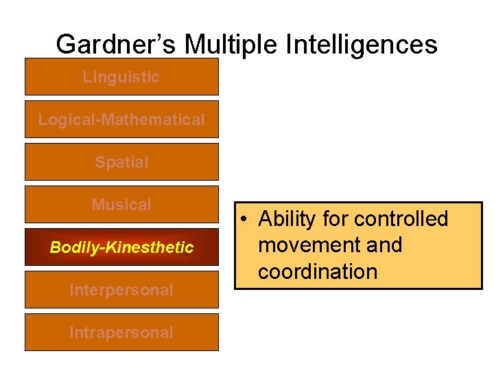 Gardner’s Multiple Intelligences Linguistic Logical-Mathematical Spatial Musical Bodily-Kinesthetic Interpersonal Intrapersonal • Ability for controlled