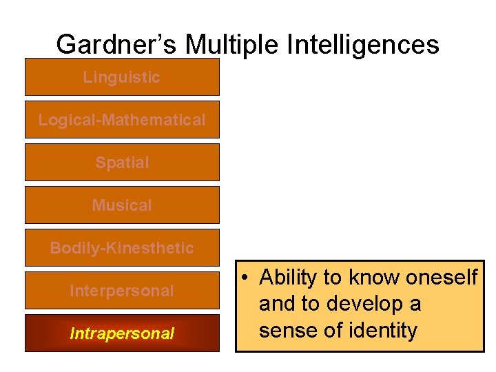 Gardner’s Multiple Intelligences Linguistic Logical-Mathematical Spatial Musical Bodily-Kinesthetic Interpersonal Intrapersonal • Ability to know