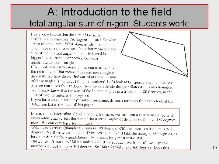 A: Introduction to the field total angular sum of n-gon. Students work: 15 