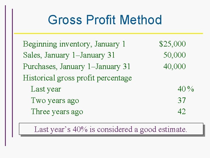 Gross Profit Method Beginning inventory, January 1 Sales, January 1–January 31 Purchases, January 1–January