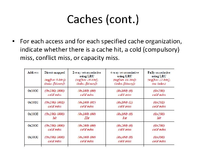 Caches (cont. ) • For each access and for each specified cache organization, indicate