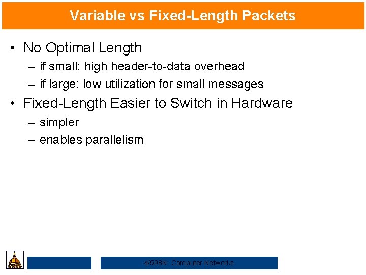 Variable vs Fixed-Length Packets • No Optimal Length – if small: high header-to-data overhead