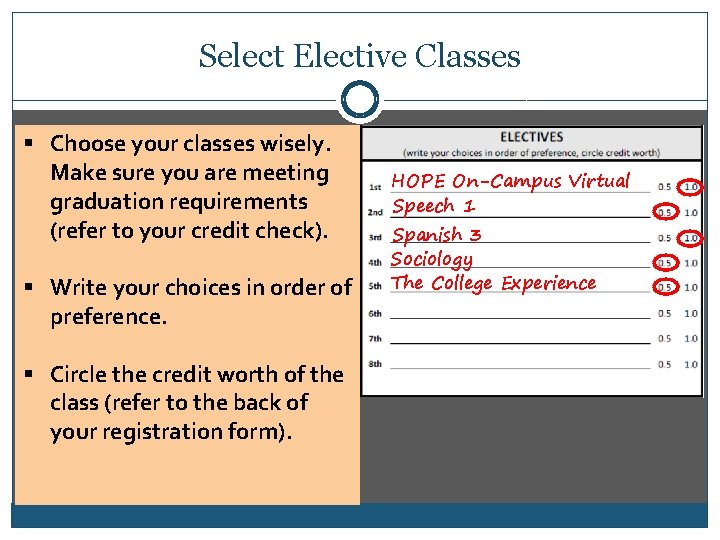 Select Elective Classes § Choose your classes wisely. Make sure you are meeting graduation