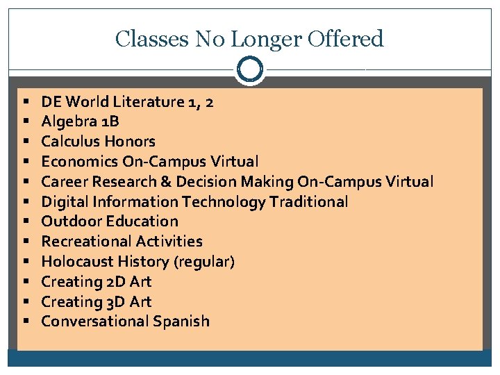 Classes No Longer Offered § § § DE World Literature 1, 2 Algebra 1