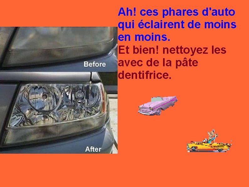 Ah! ces phares d'auto qui éclairent de moins en moins. Et bien! nettoyez les