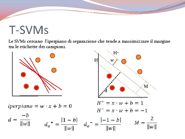 T-SVMs Le SVMs cercano l’iperpiano di separazione che tende a massimizzare il margine tra