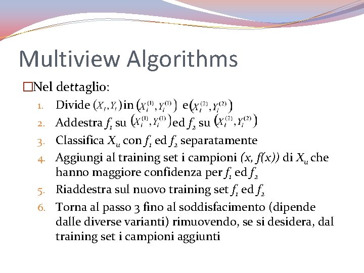 Multiview Algorithms �Nel dettaglio: 1. Divide in e 2. Addestra f 1 su ed