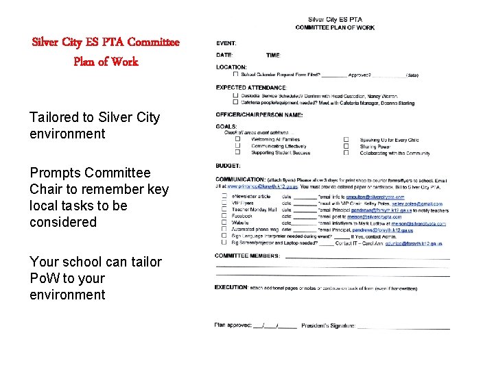 Silver City ES PTA Committee Plan of Work Tailored to Silver City environment Prompts