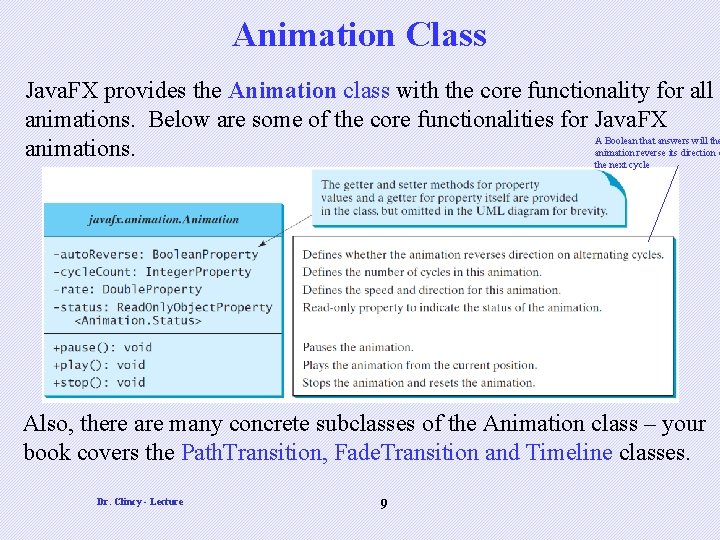 Animation Class Java. FX provides the Animation class with the core functionality for all