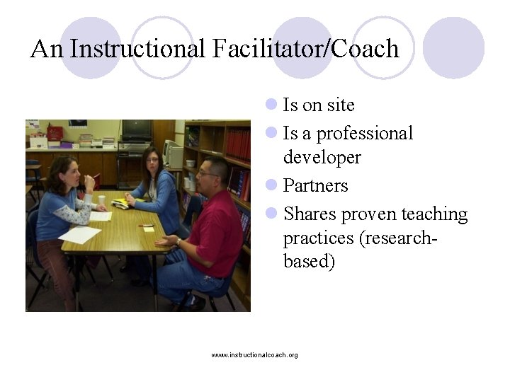 An Instructional Facilitator/Coach l Is on site l Is a professional developer l Partners