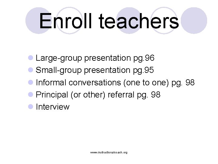 Enroll teachers l Large-group presentation pg. 96 l Small-group presentation pg. 95 l Informal