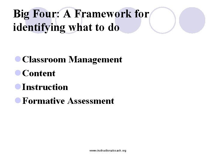 Big Four: A Framework for identifying what to do l Classroom Management l Content