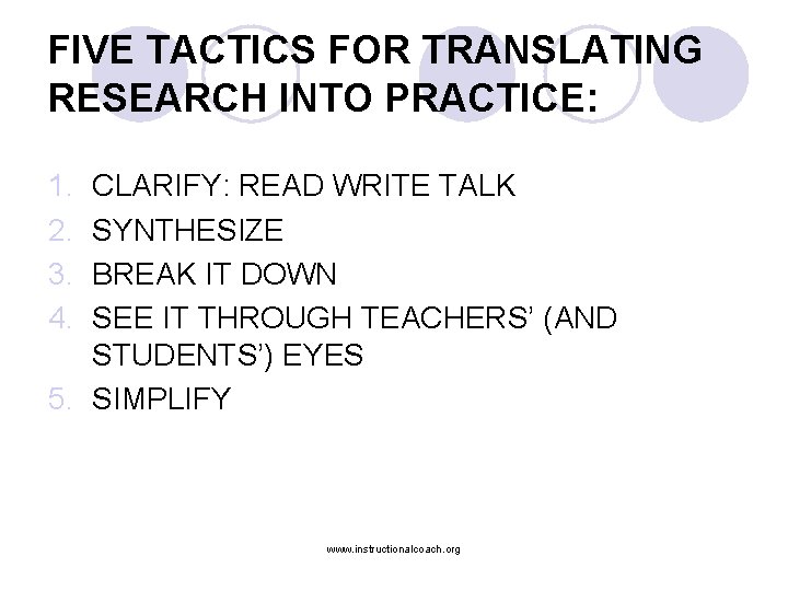 FIVE TACTICS FOR TRANSLATING RESEARCH INTO PRACTICE: 1. 2. 3. 4. CLARIFY: READ WRITE