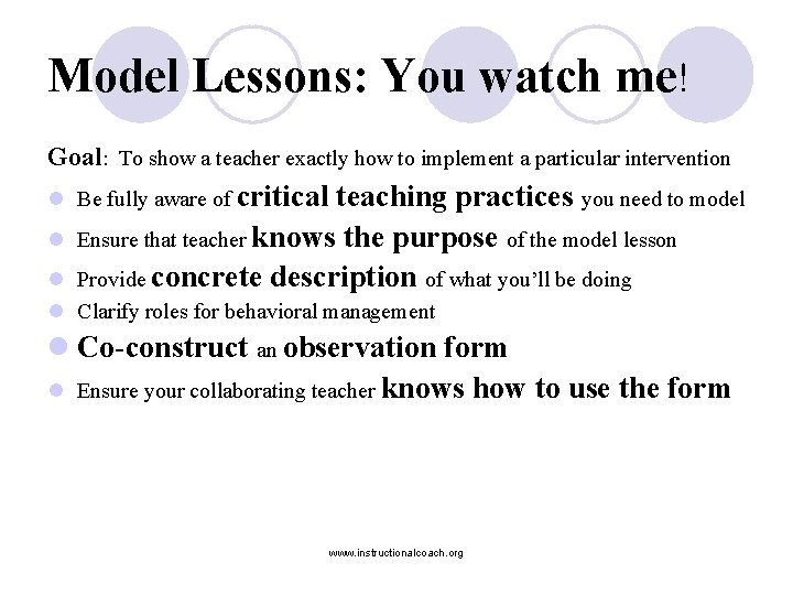 Model Lessons: You watch me! Goal: To show a teacher exactly how to implement