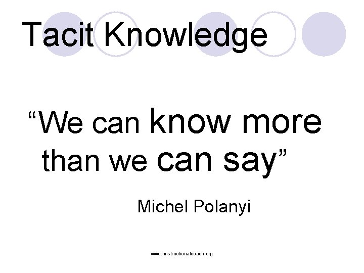 Tacit Knowledge “We can know more than we can say” Michel Polanyi www. instructionalcoach.