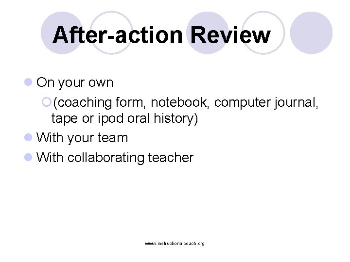 After-action Review l On your own ¡(coaching form, notebook, computer journal, tape or ipod