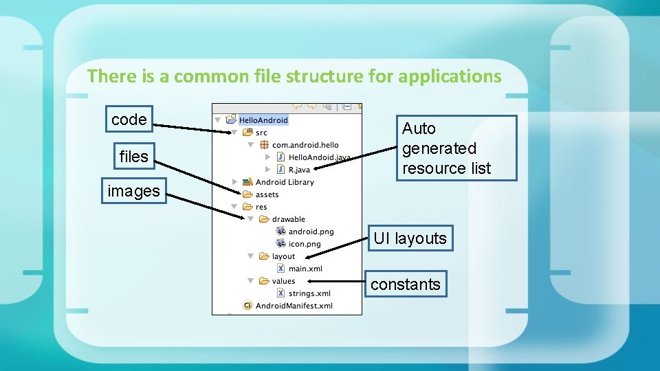 There is a common file structure for applications code files Auto generated resource list