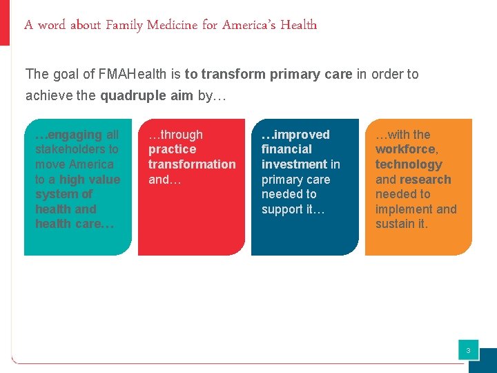 A word about Family Medicine for America’s Health The goal of FMAHealth is to