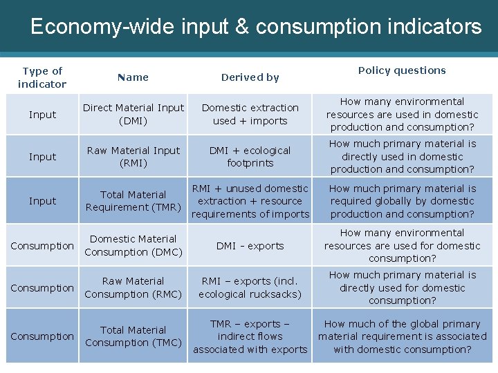 Economy-wide input & consumption indicators Policy questions Type of indicator Name Derived by Input