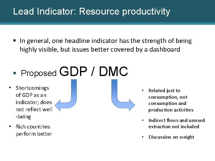 Lead Indicator: Resource productivity § In general, one headline indicator has the strength of