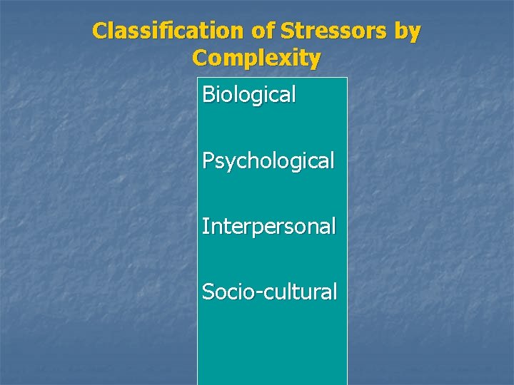 Classification of Stressors by Complexity Biological Psychological Interpersonal Socio-cultural 