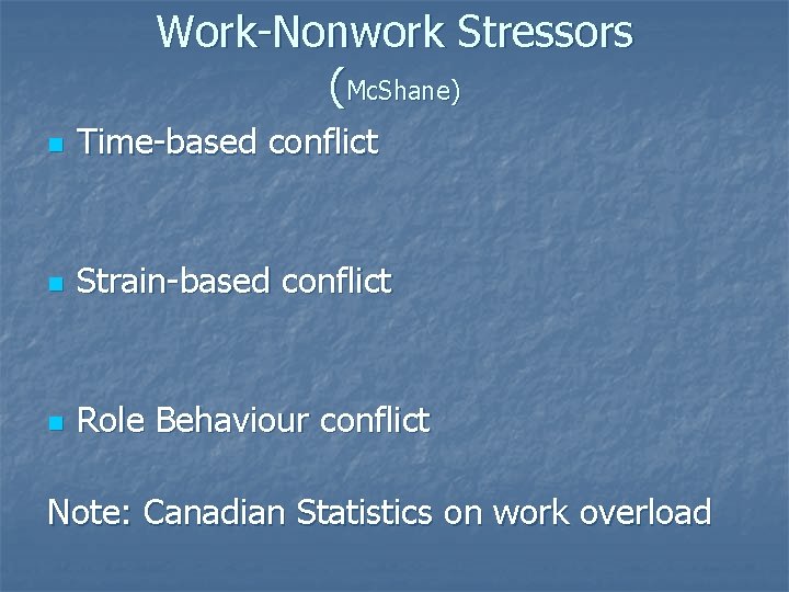 Work-Nonwork Stressors (Mc. Shane) n Time-based conflict n Strain-based conflict n Role Behaviour conflict