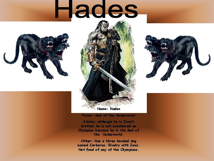 Name: Hades Power: God of the Underworld Status: although he is Zeus’s brother he