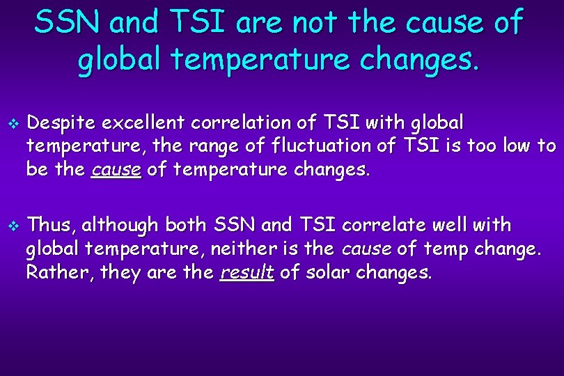 SSN and TSI are not the cause of global temperature changes. v v Despite
