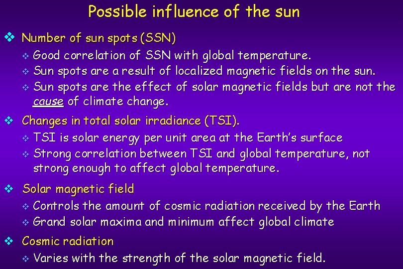 Possible influence of the sun v Number of sun spots (SSN) v Good correlation