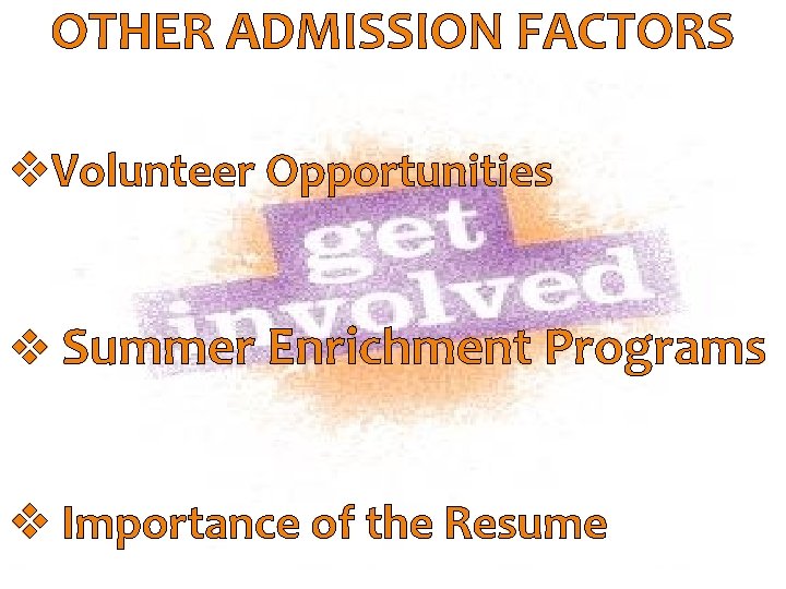 OTHER ADMISSION FACTORS College/Career Enrichment v. Volunteer Opportunities v Summer Enrichment Programs v Importance