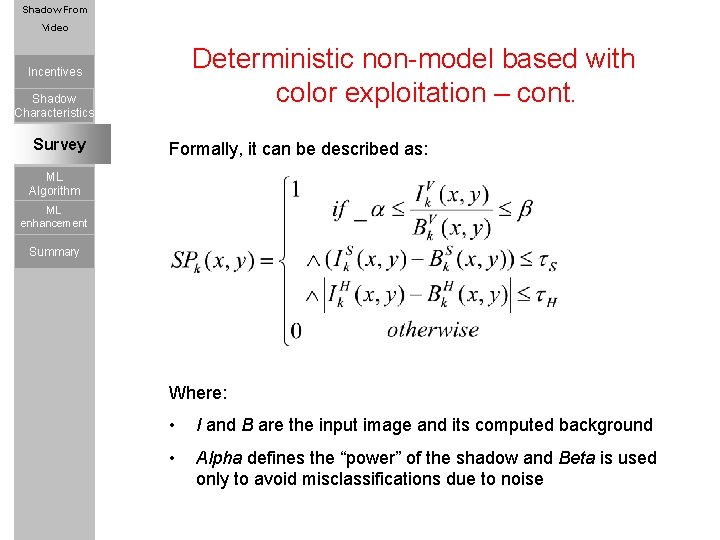 Shadow Using JPEG From Characteristics Video Deterministic non-model based with color exploitation – cont.