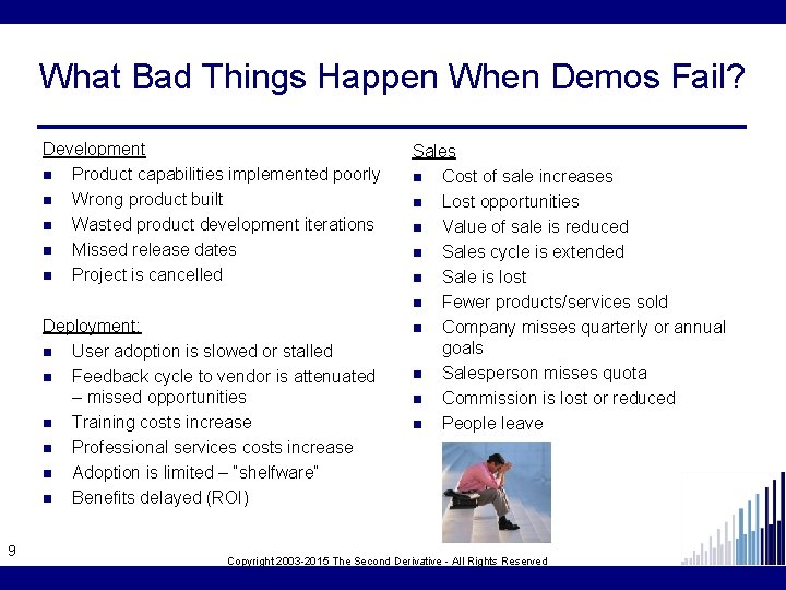 What Bad Things Happen When Demos Fail? Development n Product capabilities implemented poorly n