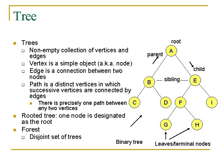 Tree n n root Trees q Non-empty collection of vertices and edges q Vertex