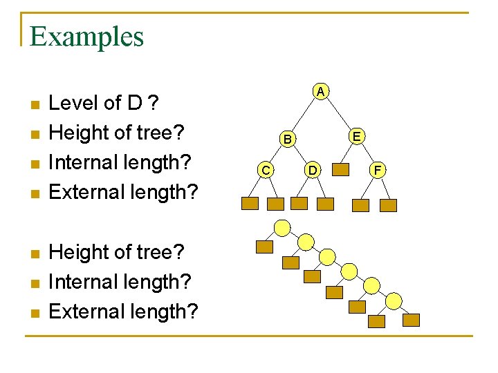 Examples n n n n Level of D ? Height of tree? Internal length?