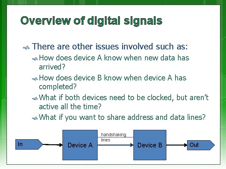 Overview of digital signals There are other issues involved such as: How does device